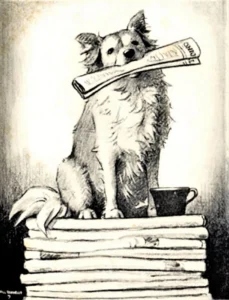 Ein Spitz sitzt auf einem Bücherstapel mit einer Zeitschrift in der Schnauze